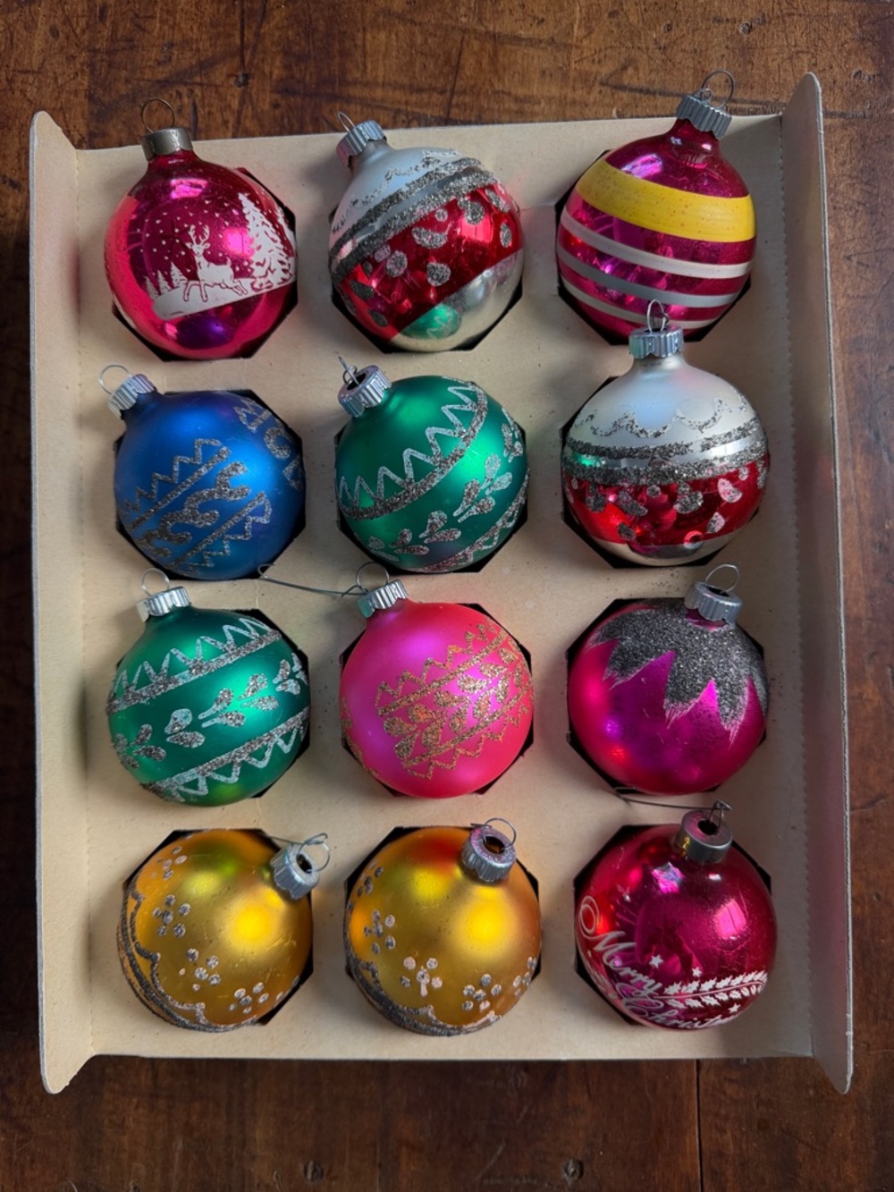 Set of 12 Assorted Multicolor Vintage Shiny Brite Glass Christmas Ornaments